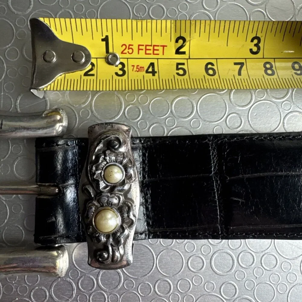 Vintage Brighton Black Croc Embossed Leather Belt S Faux Pearl Buckle 23503